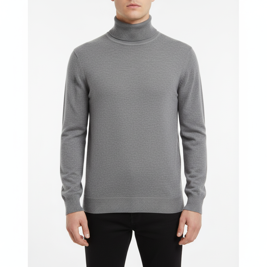 Męski sweter z cienkiej dzianiny z golfem i ribbowanym wykończeniem