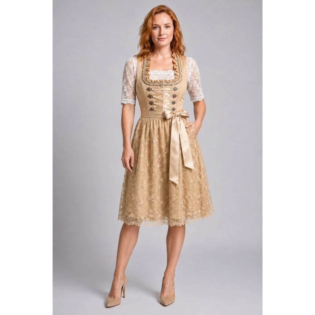 Damska Sukienka Midi Dirndl z Koronką – Elegancki Styl Oktoberfest z Rękawem wstążkowym