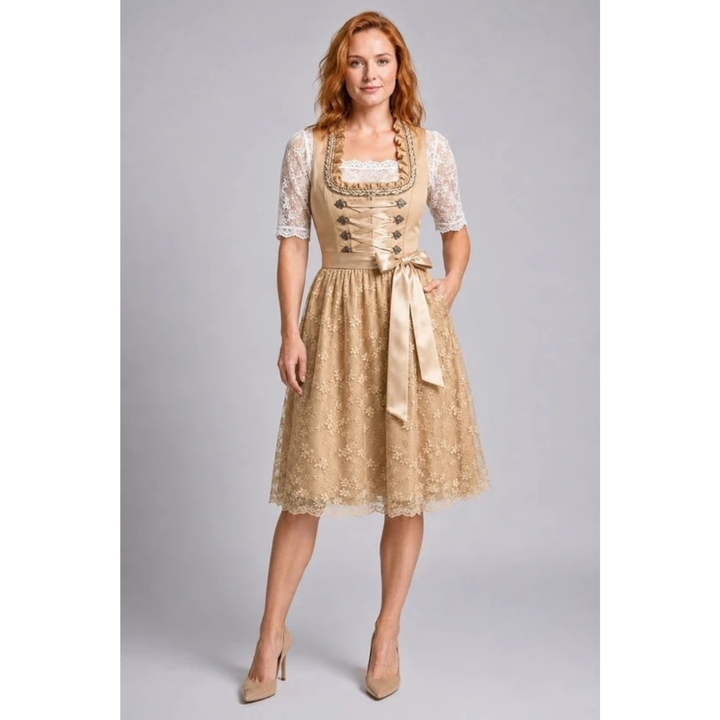 Damska Sukienka Midi Dirndl z Koronką – Elegancki Styl Oktoberfest z Rękawem wstążkowym