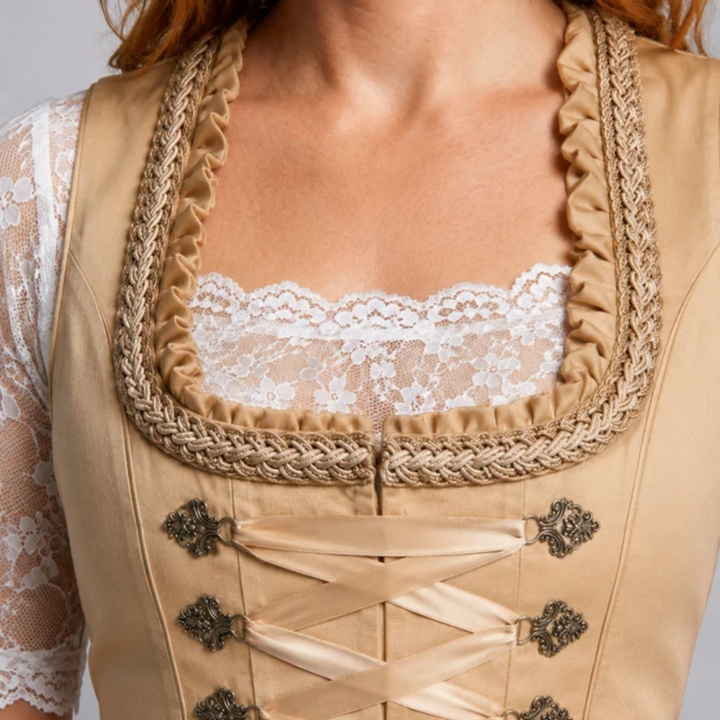Damska Sukienka Midi Dirndl z Koronką – Elegancki Styl Oktoberfest z Rękawem wstążkowym