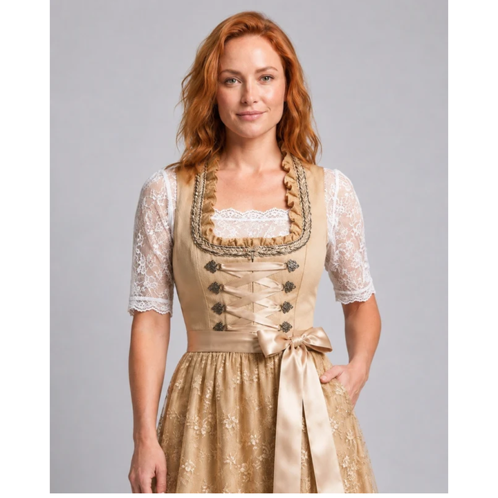 Damska Sukienka Midi Dirndl z Koronką – Elegancki Styl Oktoberfest z Rękawem wstążkowym