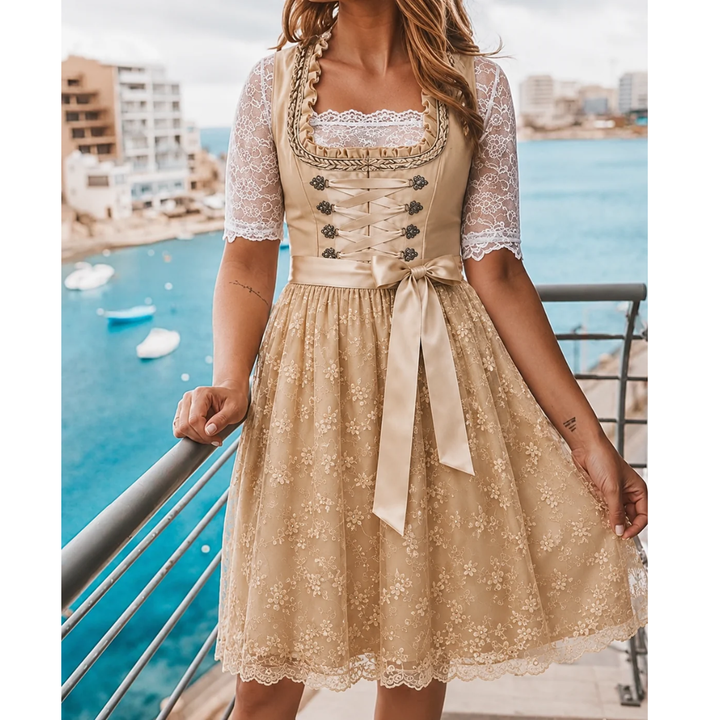 Damska Sukienka Midi Dirndl z Koronką – Elegancki Styl Oktoberfest z Rękawem wstążkowym
