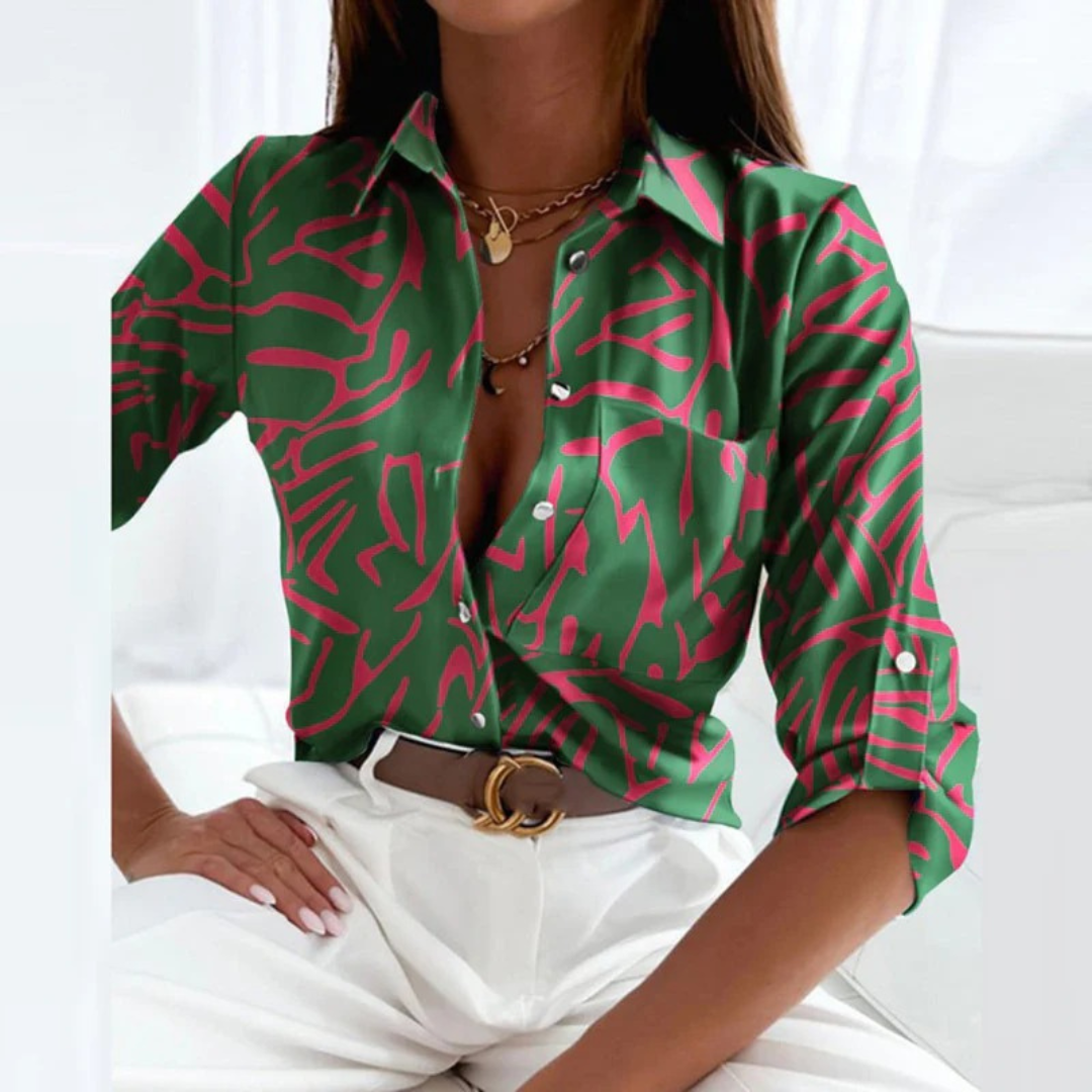 Damska Bluzka Koszulowa z Wydrukiem w Stylu Satynowym – Luźny Krój z Guzikami na Biurko i Okazje