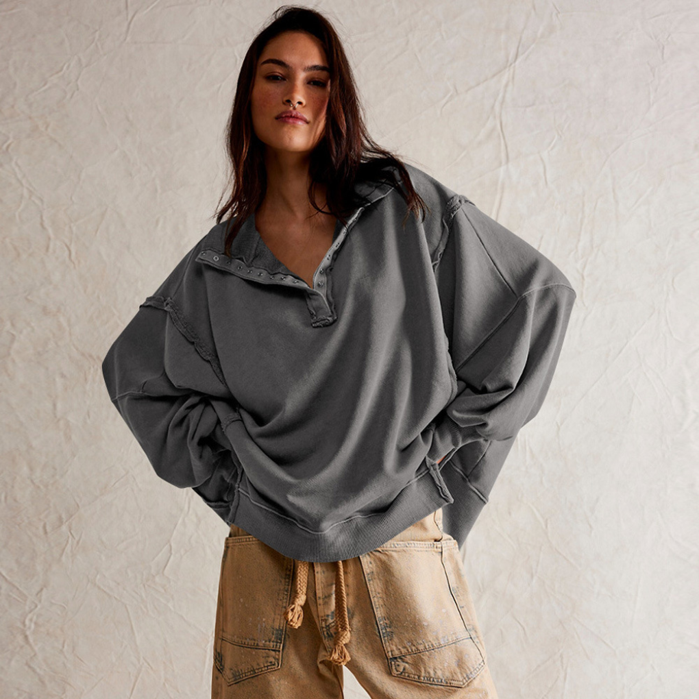 Kobiece Oversized Henley Pullover w Luźnym Fasonie Casual Top