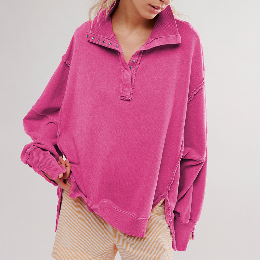 Kobiece Oversized Henley Pullover w Luźnym Fasonie Casual Top