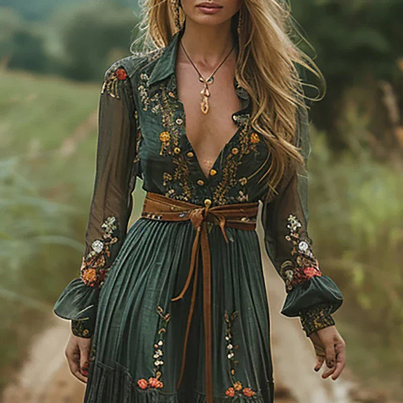 Sukienka Maxi Boho z Haftem dla Kobiet z Przezroczystymi Rękawami w Stylu Wieczorowym