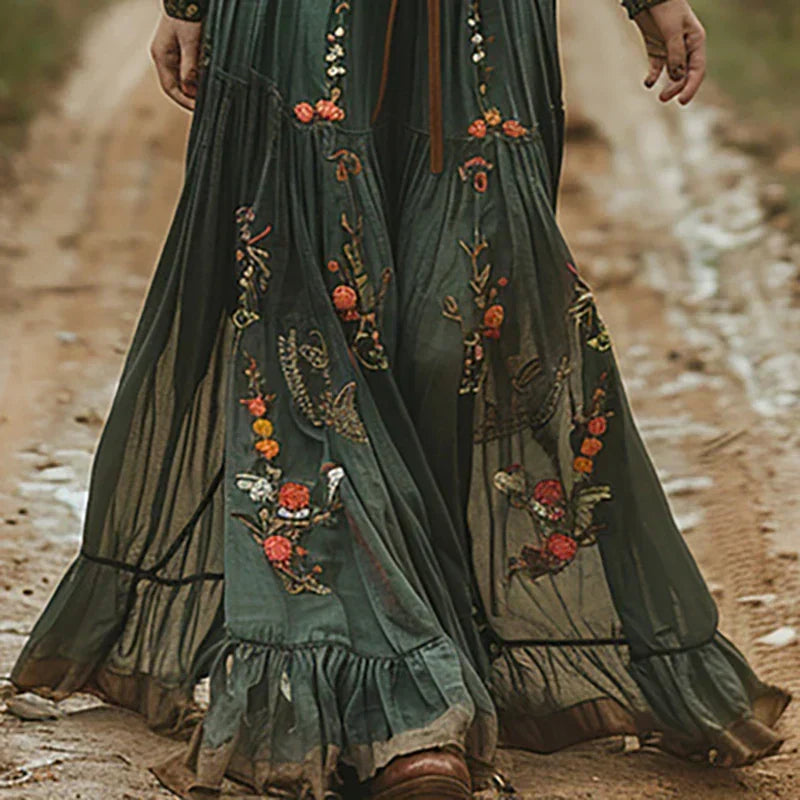 Sukienka Maxi Boho z Haftem dla Kobiet z Przezroczystymi Rękawami w Stylu Wieczorowym