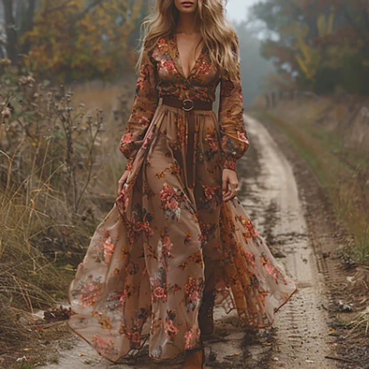 Sukienka Maxi Boho z Haftem dla Kobiet z Przezroczystymi Rękawami w Stylu Wieczorowym