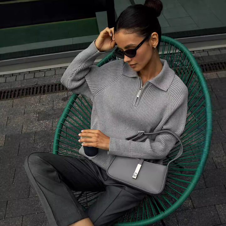 Sweter damski z prążkowanym zamkiem – Miękki sweter z kołnierzem do biura i na weekend