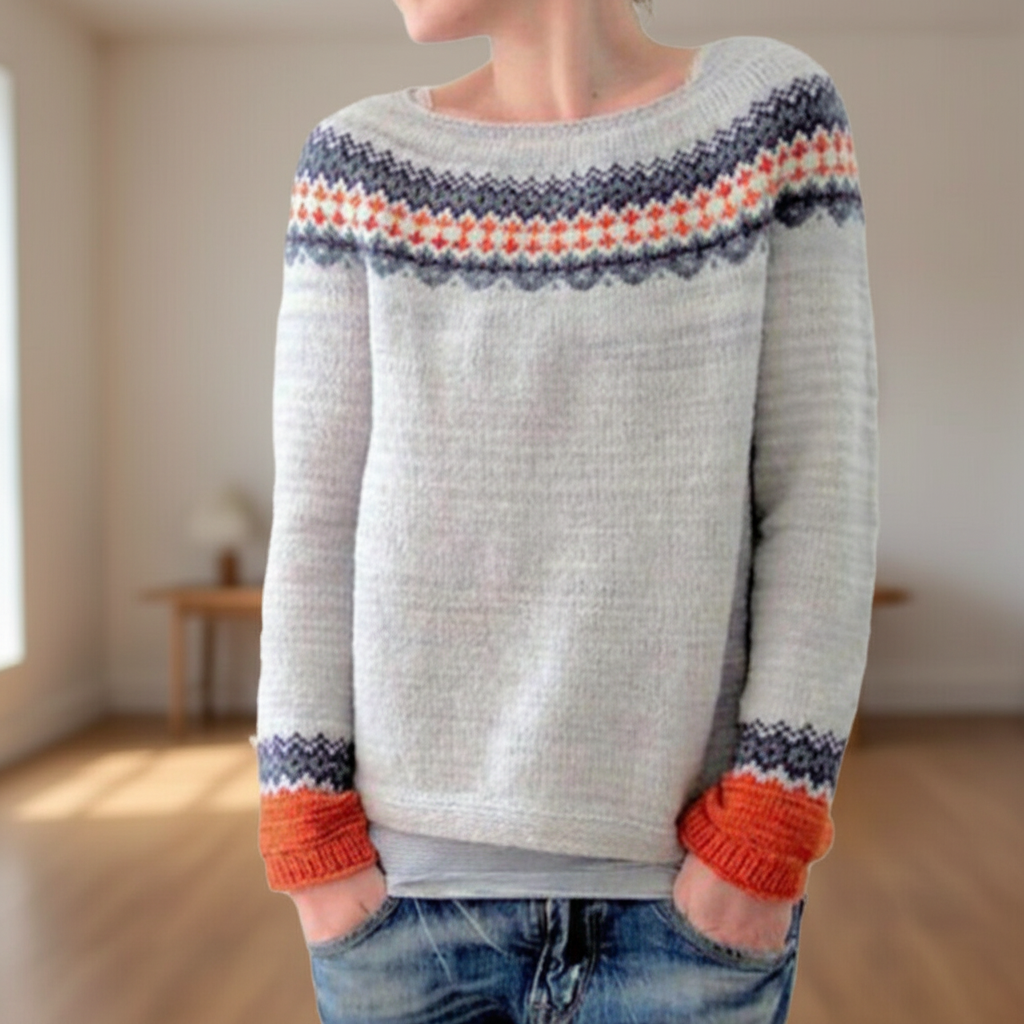 Damski sweter z nadrukiem i okrągłym dekoltem z ribbowanymi mankietami