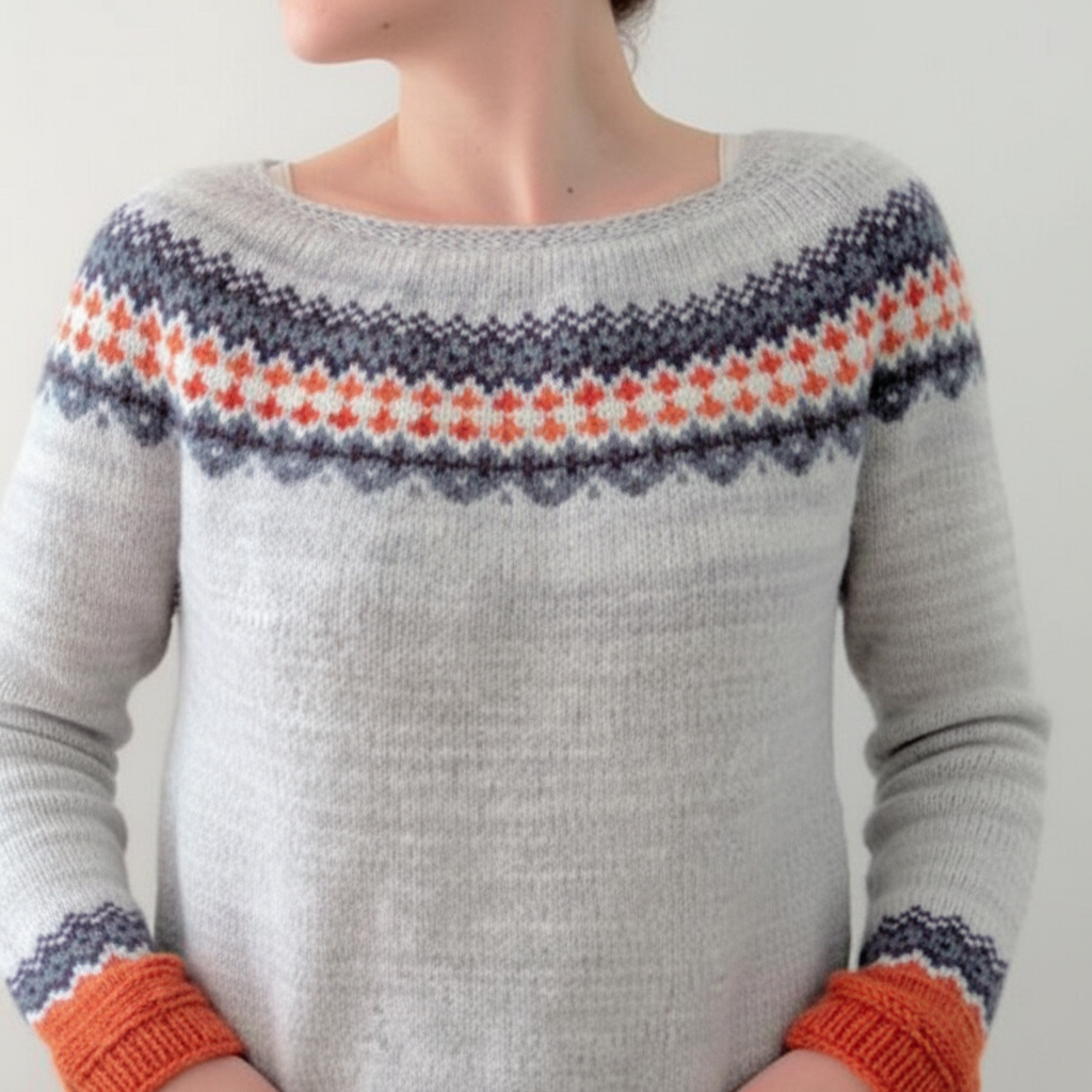 Damski sweter z nadrukiem i okrągłym dekoltem z ribbowanymi mankietami