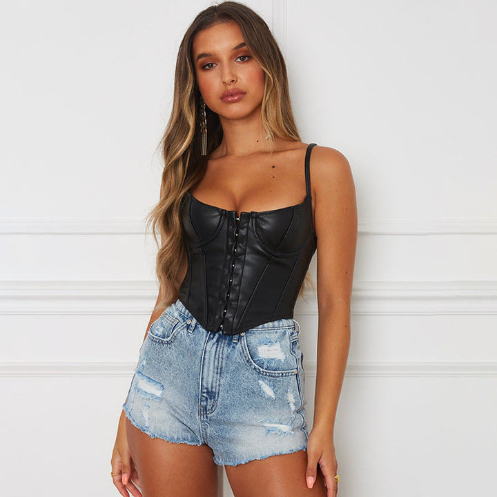 Damski top bustier z sztucznej skóry, z rzeźbionym przodem na zapięcie