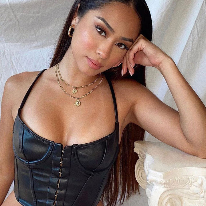 Damski top bustier z sztucznej skóry, z rzeźbionym przodem na zapięcie
