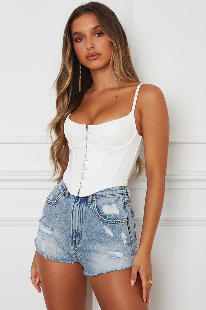 Damski top bustier z sztucznej skóry, z rzeźbionym przodem na zapięcie