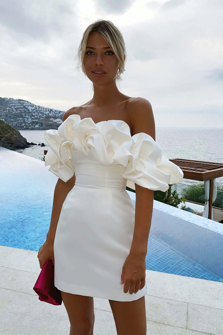 Damska Sukienka Mini Off Shoulder z Rękawem Ruffles