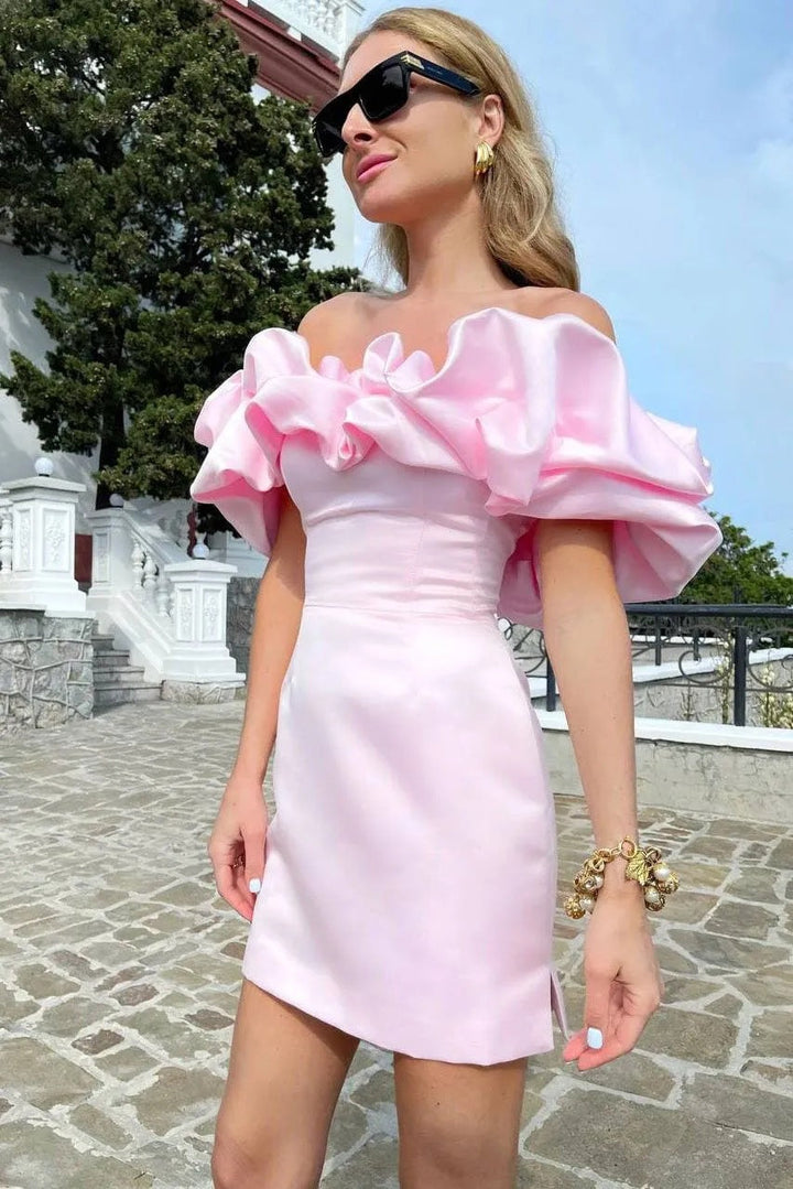 Damska Sukienka Mini Off Shoulder z Rękawem Ruffles
