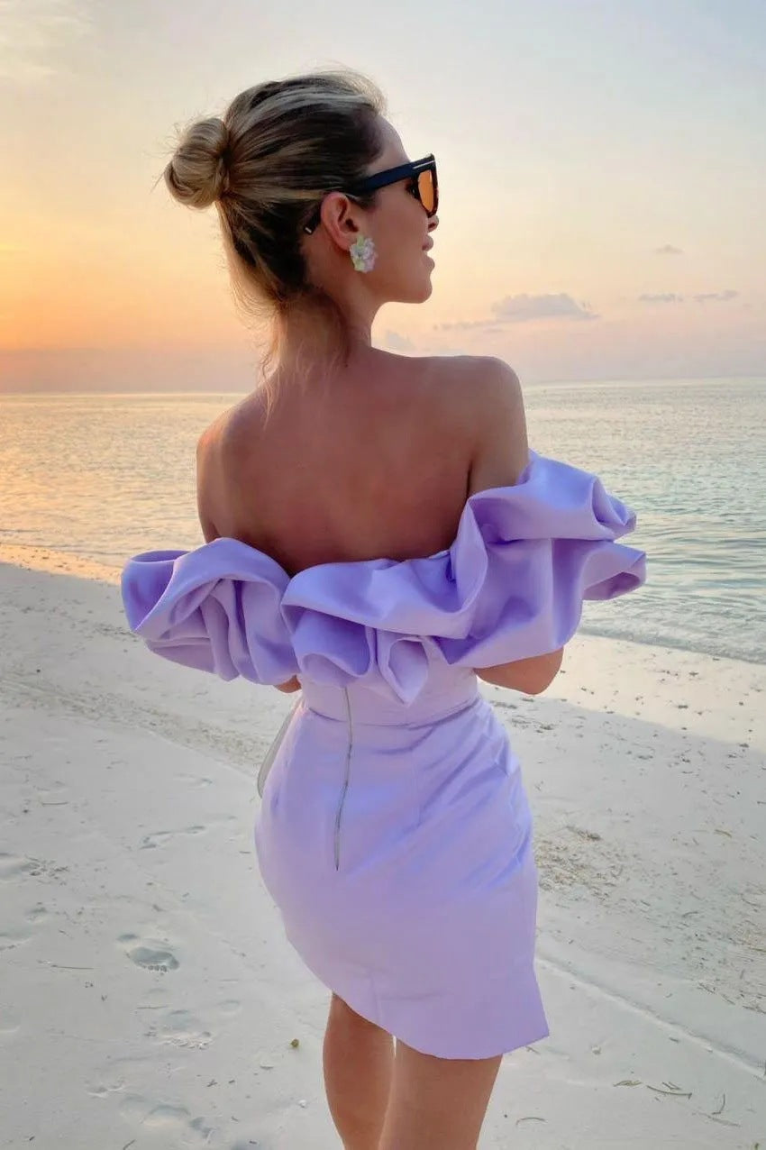 Damska Sukienka Mini Off Shoulder z Rękawem Ruffles