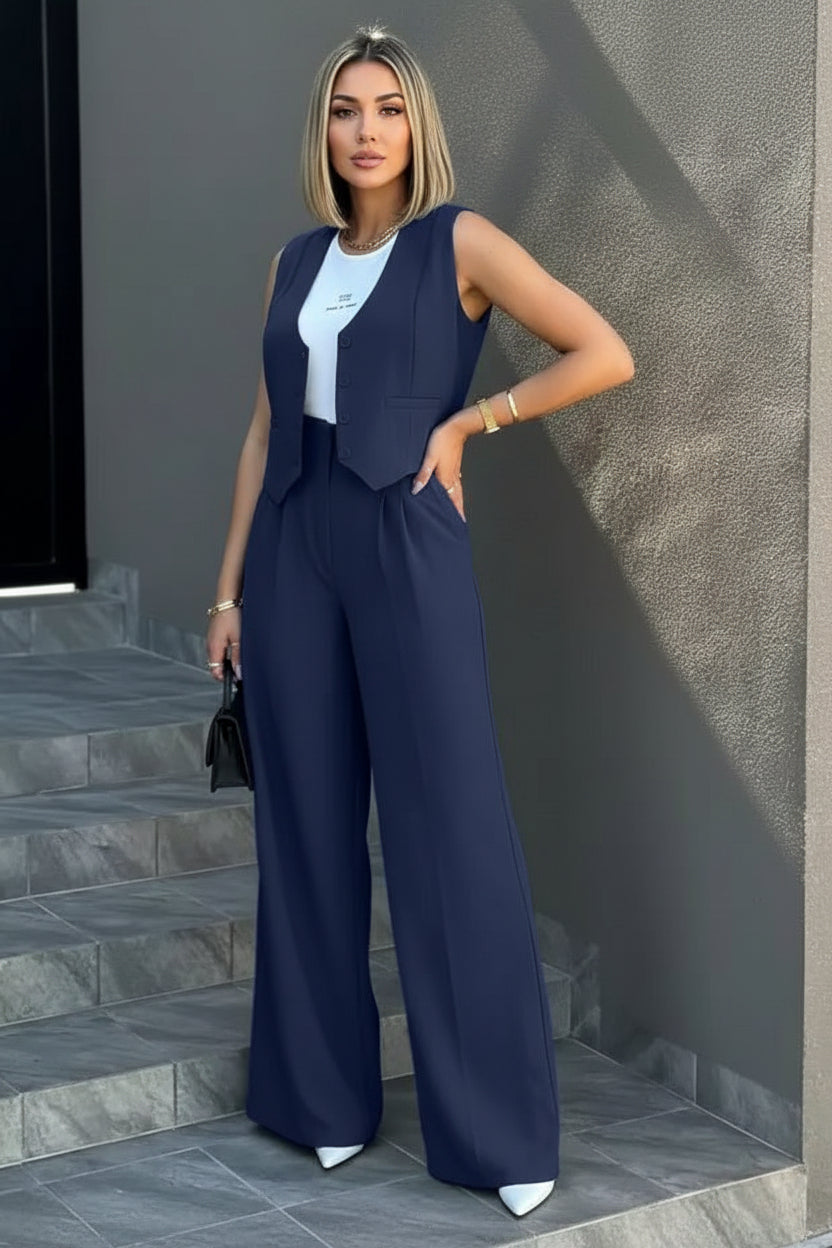 Damski Gilet w Stylu Tailored z Szerokimi Spodniami