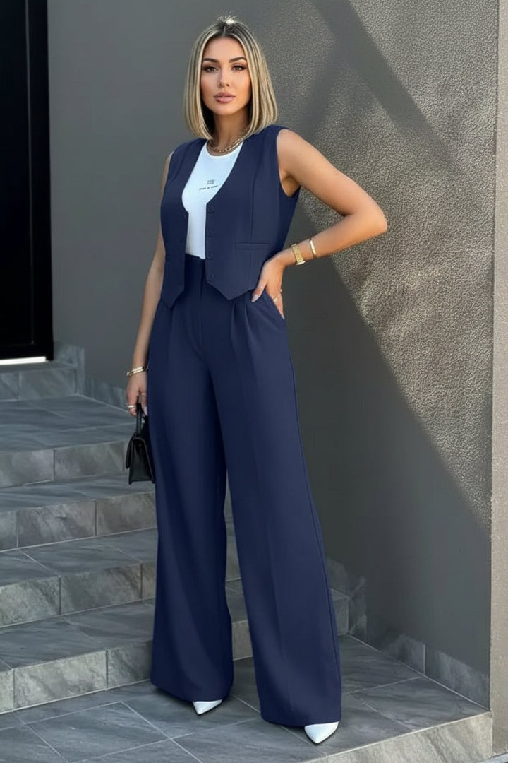 Damski Gilet w Stylu Tailored z Szerokimi Spodniami