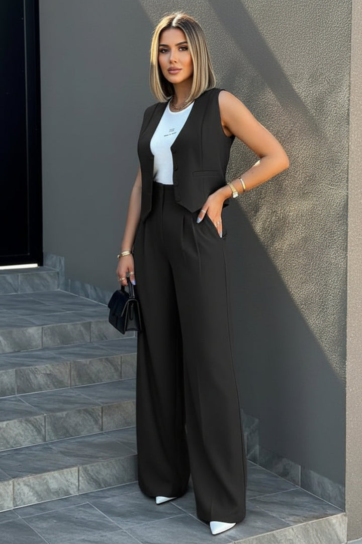 Damski Gilet w Stylu Tailored z Szerokimi Spodniami