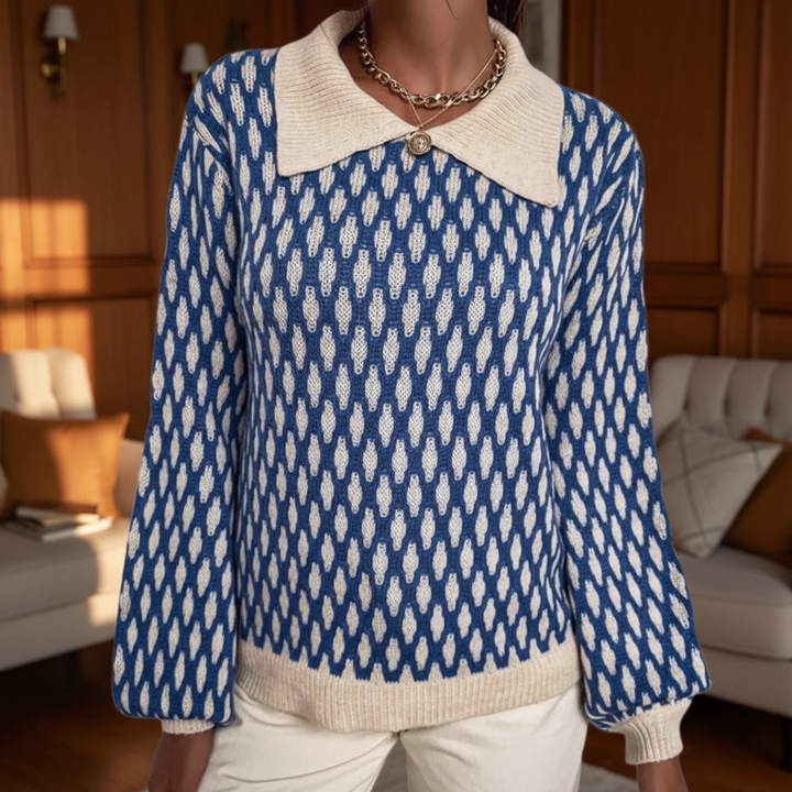 Damski sweter z nadrukiem z kołnierzykiem, luźny, z długim rękawem