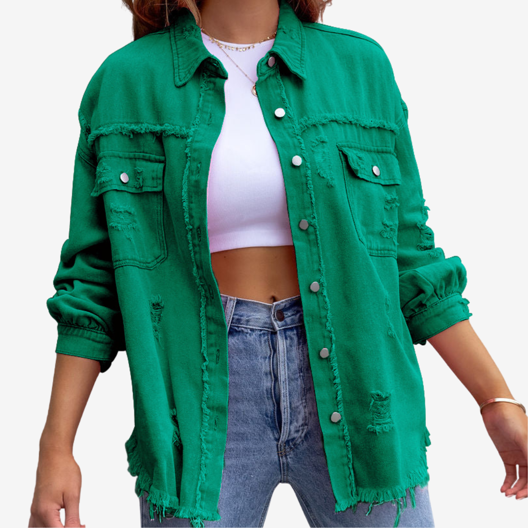 Damska Oversized Denim Szaka – Postrzępiona Kurtka z Guzikami na Co Dzień
