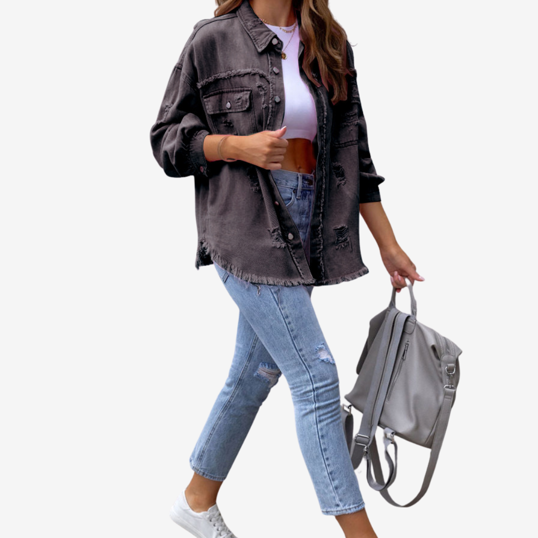 Damska Oversized Denim Szaka – Postrzępiona Kurtka z Guzikami na Co Dzień