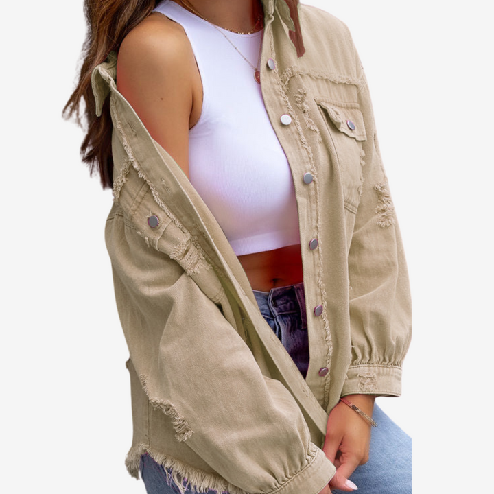 Damska Oversized Denim Szaka – Postrzępiona Kurtka z Guzikami na Co Dzień