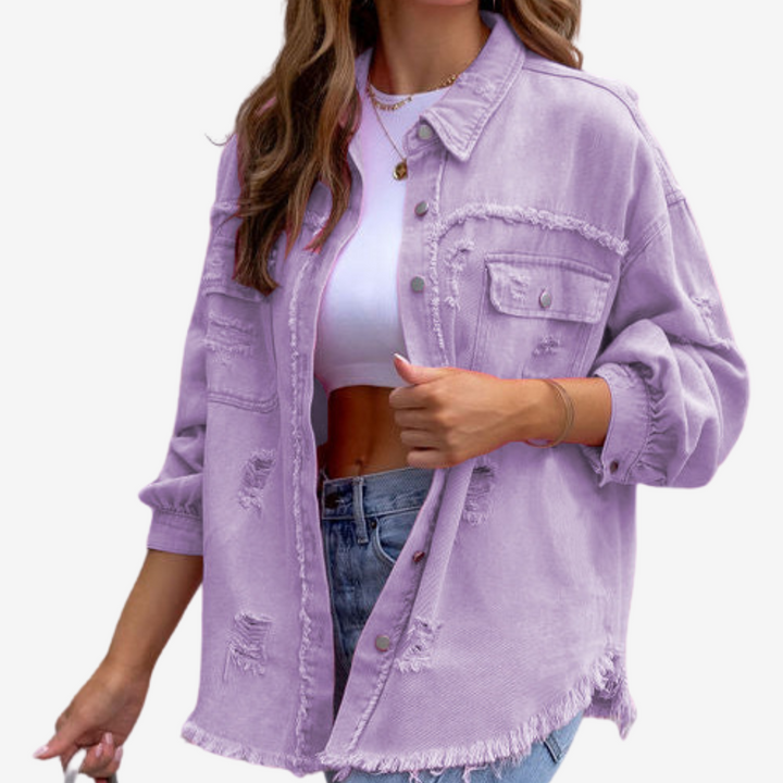 Damska Oversized Denim Szaka – Postrzępiona Kurtka z Guzikami na Co Dzień