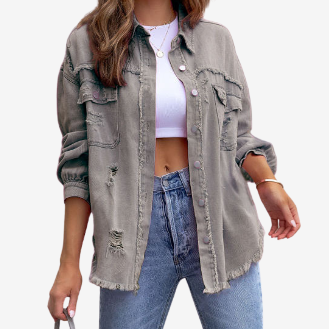 Damska Oversized Denim Szaka – Postrzępiona Kurtka z Guzikami na Co Dzień