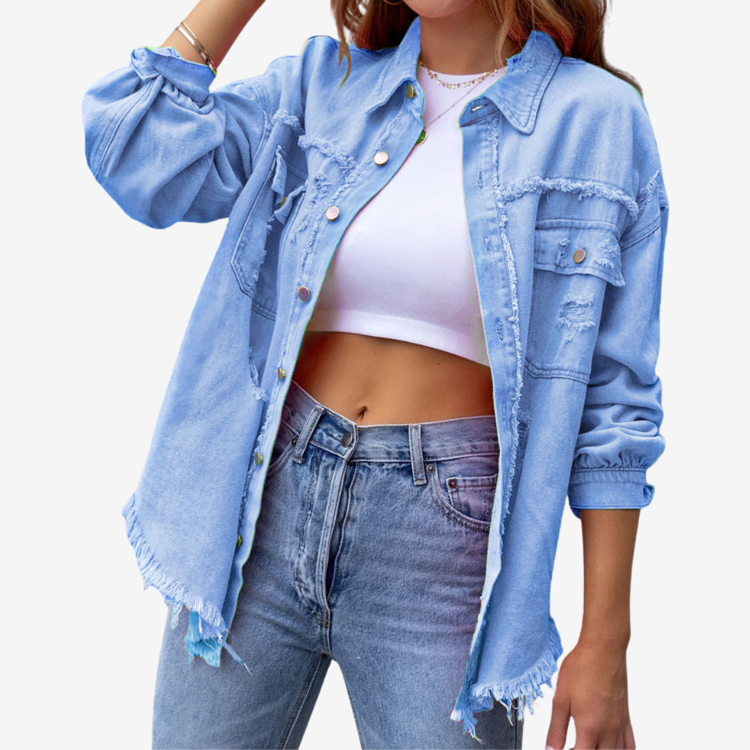 Damska Oversized Denim Szaka – Postrzępiona Kurtka z Guzikami na Co Dzień