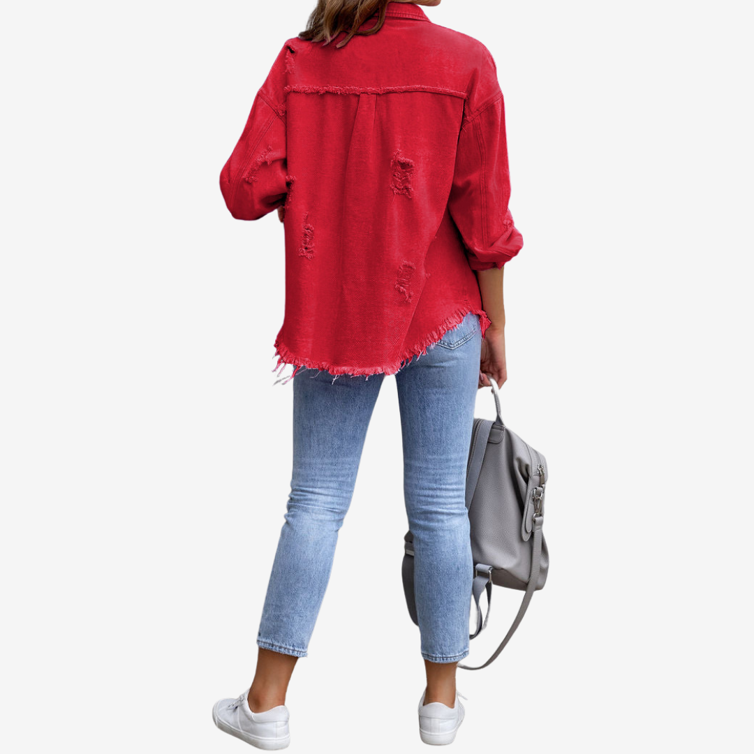 Damska Oversized Denim Szaka – Postrzępiona Kurtka z Guzikami na Co Dzień