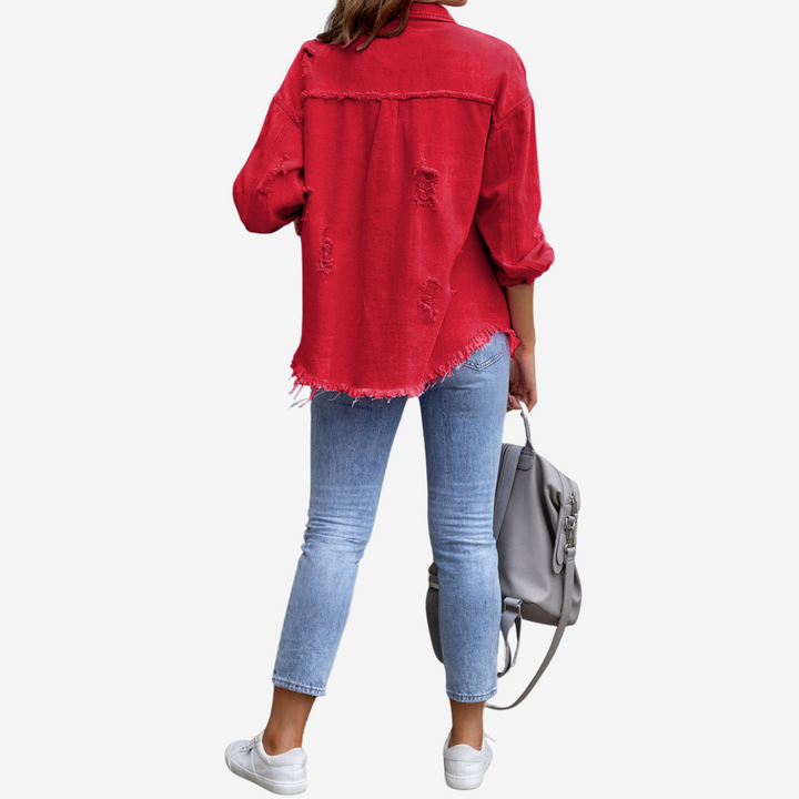 Damska Oversized Denim Szaka – Postrzępiona Kurtka z Guzikami na Co Dzień