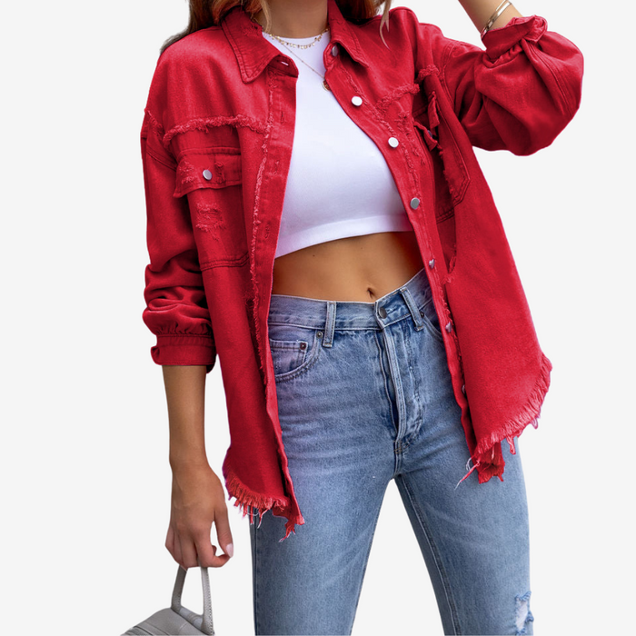 Damska Oversized Denim Szaka – Postrzępiona Kurtka z Guzikami na Co Dzień