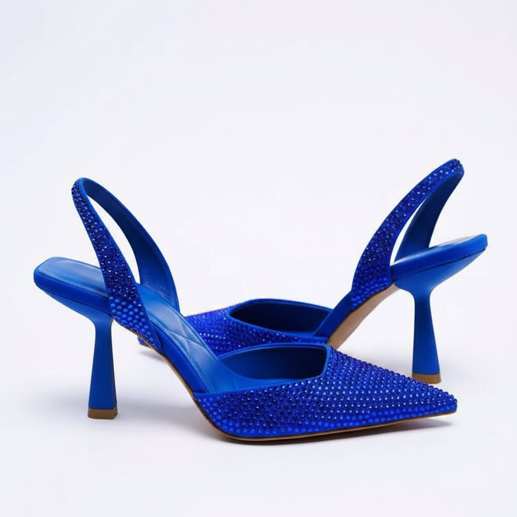 Damskie zdobione szpilki typu slingback z ostrym noskiem