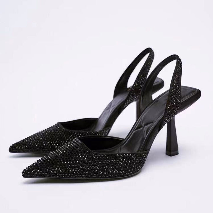 Damskie zdobione szpilki typu slingback z ostrym noskiem