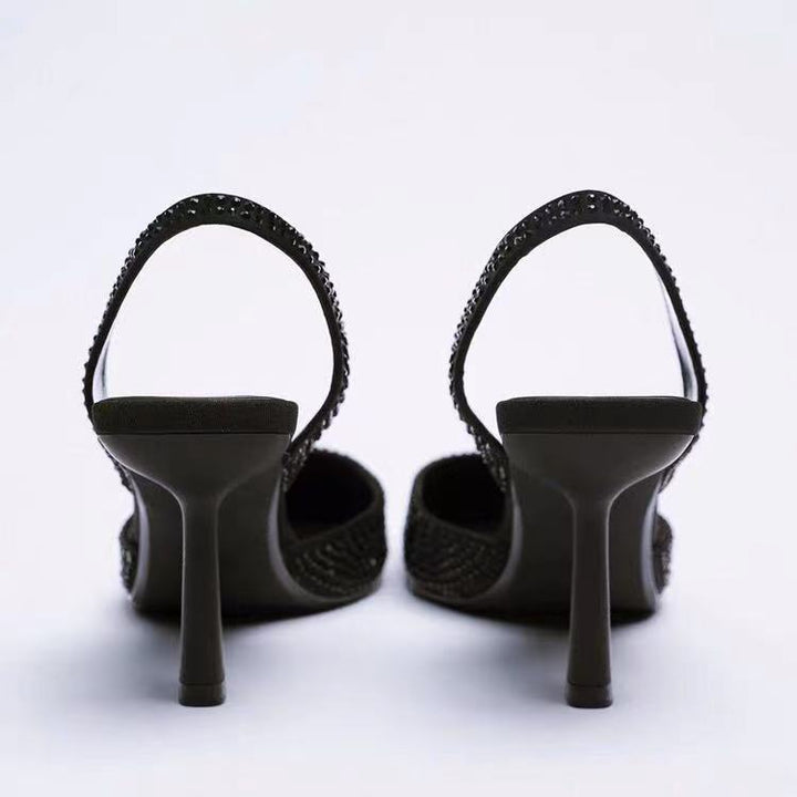 Damskie zdobione szpilki typu slingback z ostrym noskiem