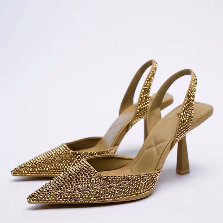 Damskie zdobione szpilki typu slingback z ostrym noskiem