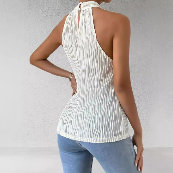 Damska pleciona bluzka na halter z krzyżowym dekoltem, slim fit