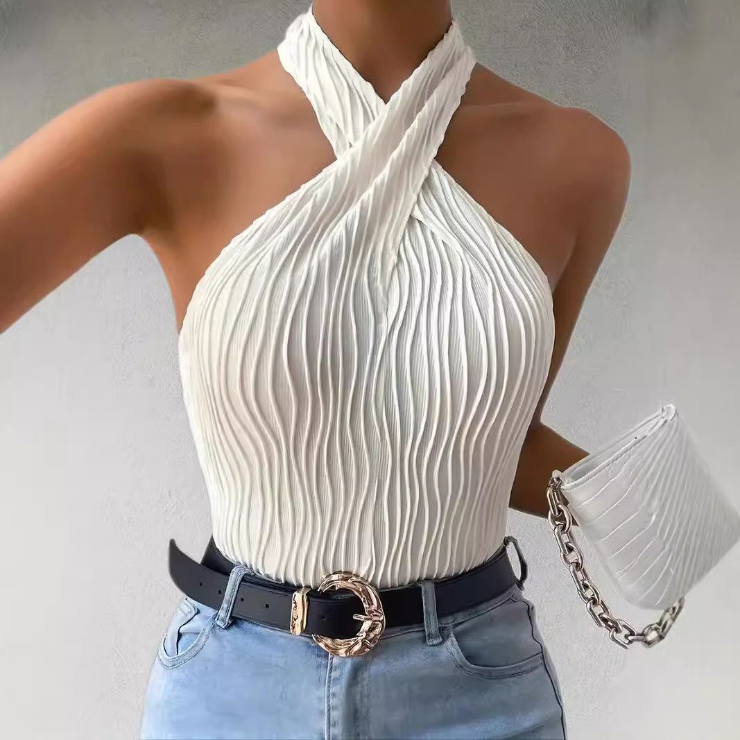 Damska pleciona bluzka na halter z krzyżowym dekoltem, slim fit