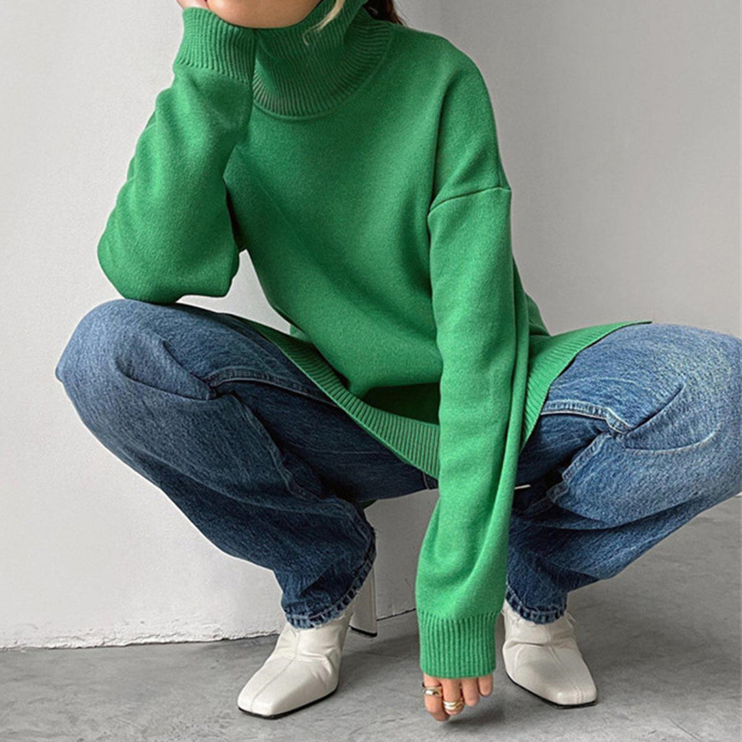 Sweter z golfem dla kobiet, luźny krój, dzianinowy top z bocznymi rozcięciami