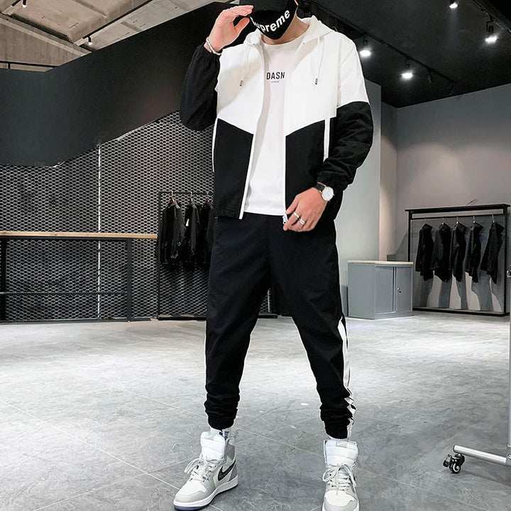 Męski Dwuczęściowy Dres Casual Joggers i Kurtka Sportowa z Kapturem Wygodny Streetwear Hip Hop Strój do Biegania