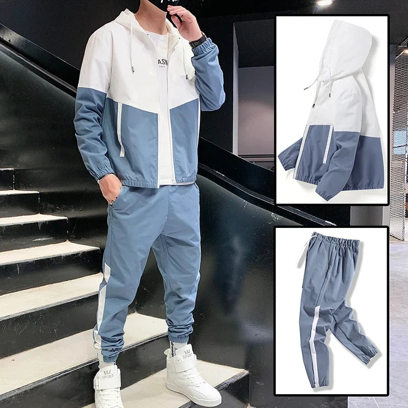 Męski Dwuczęściowy Dres Casual Joggers i Kurtka Sportowa z Kapturem Wygodny Streetwear Hip Hop Strój do Biegania