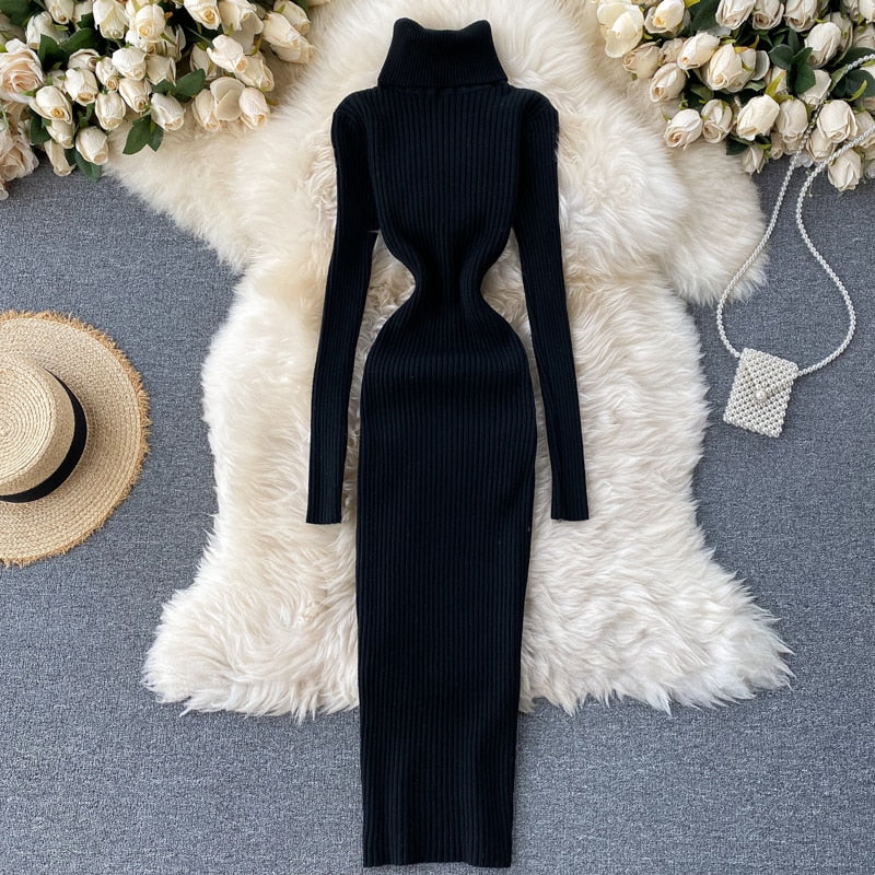 Damska Sukienka Maxi z Żebrowanym Wykończeniem i Golfem – Slim Long Sleeve Style na Jesień i Zimę