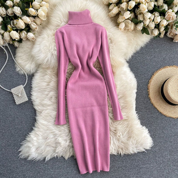 Damska Sukienka Maxi z Żebrowanym Wykończeniem i Golfem – Slim Long Sleeve Style na Jesień i Zimę