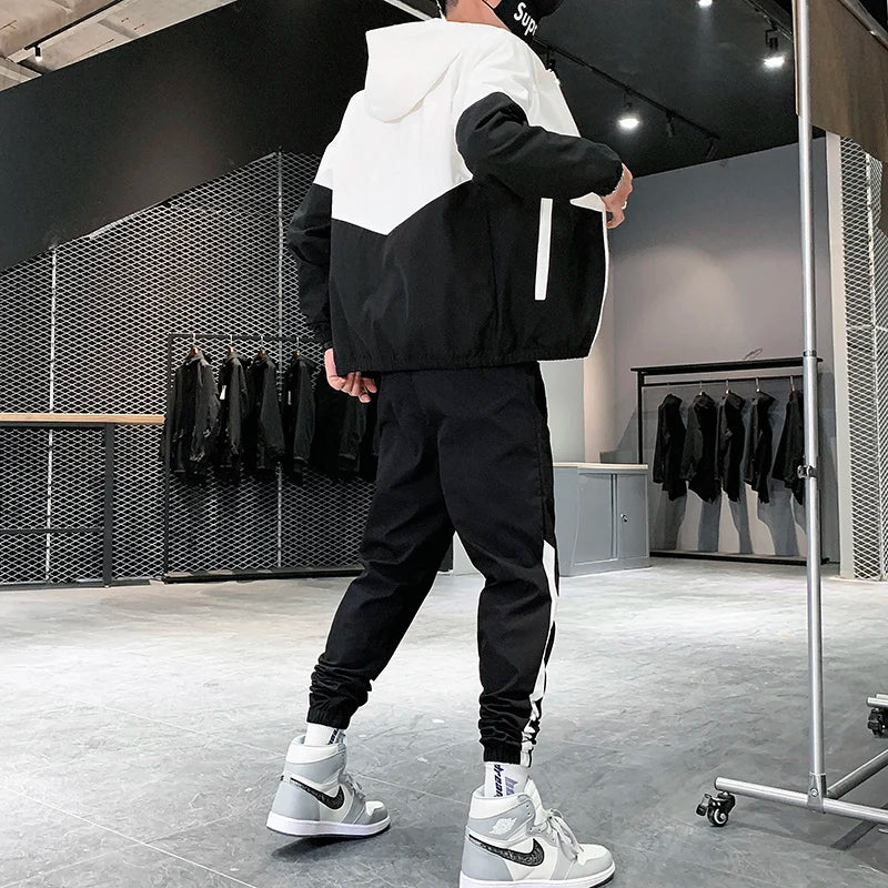 Męski Dwuczęściowy Dres Casual Joggers i Kurtka Sportowa z Kapturem Wygodny Streetwear Hip Hop Strój do Biegania