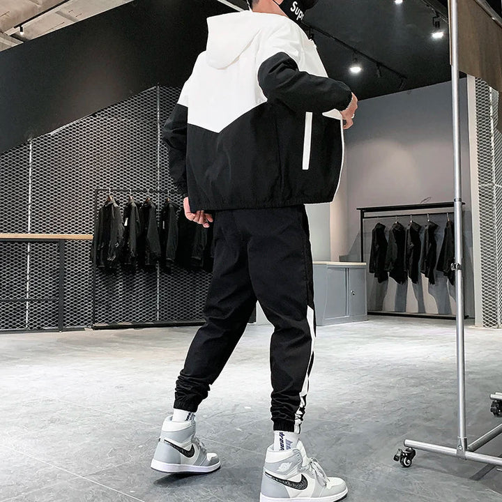 Męski Dwuczęściowy Dres Casual Joggers i Kurtka Sportowa z Kapturem Wygodny Streetwear Hip Hop Strój do Biegania