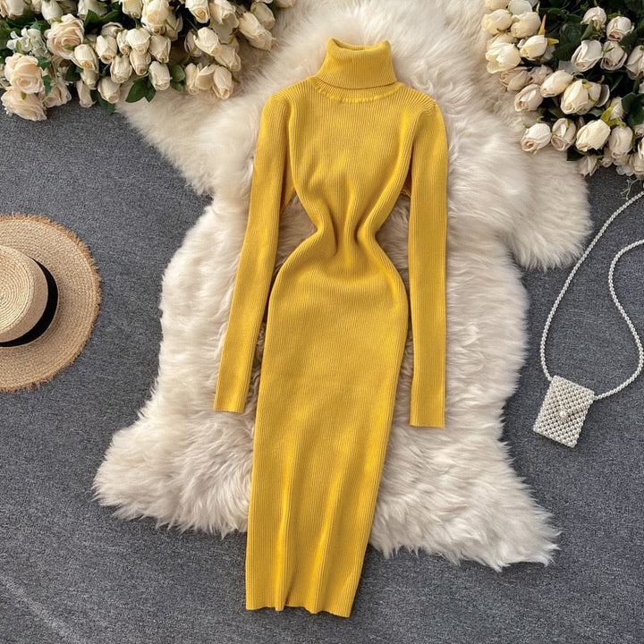 Damska Sukienka Maxi z Żebrowanym Wykończeniem i Golfem – Slim Long Sleeve Style na Jesień i Zimę