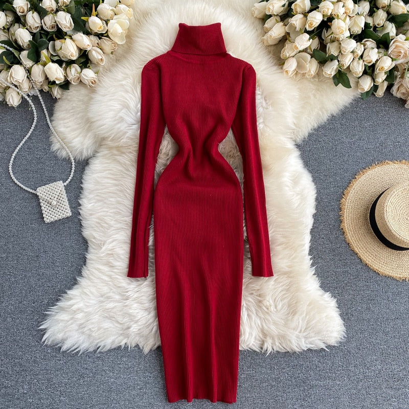 Damska Sukienka Maxi z Żebrowanym Wykończeniem i Golfem – Slim Long Sleeve Style na Jesień i Zimę