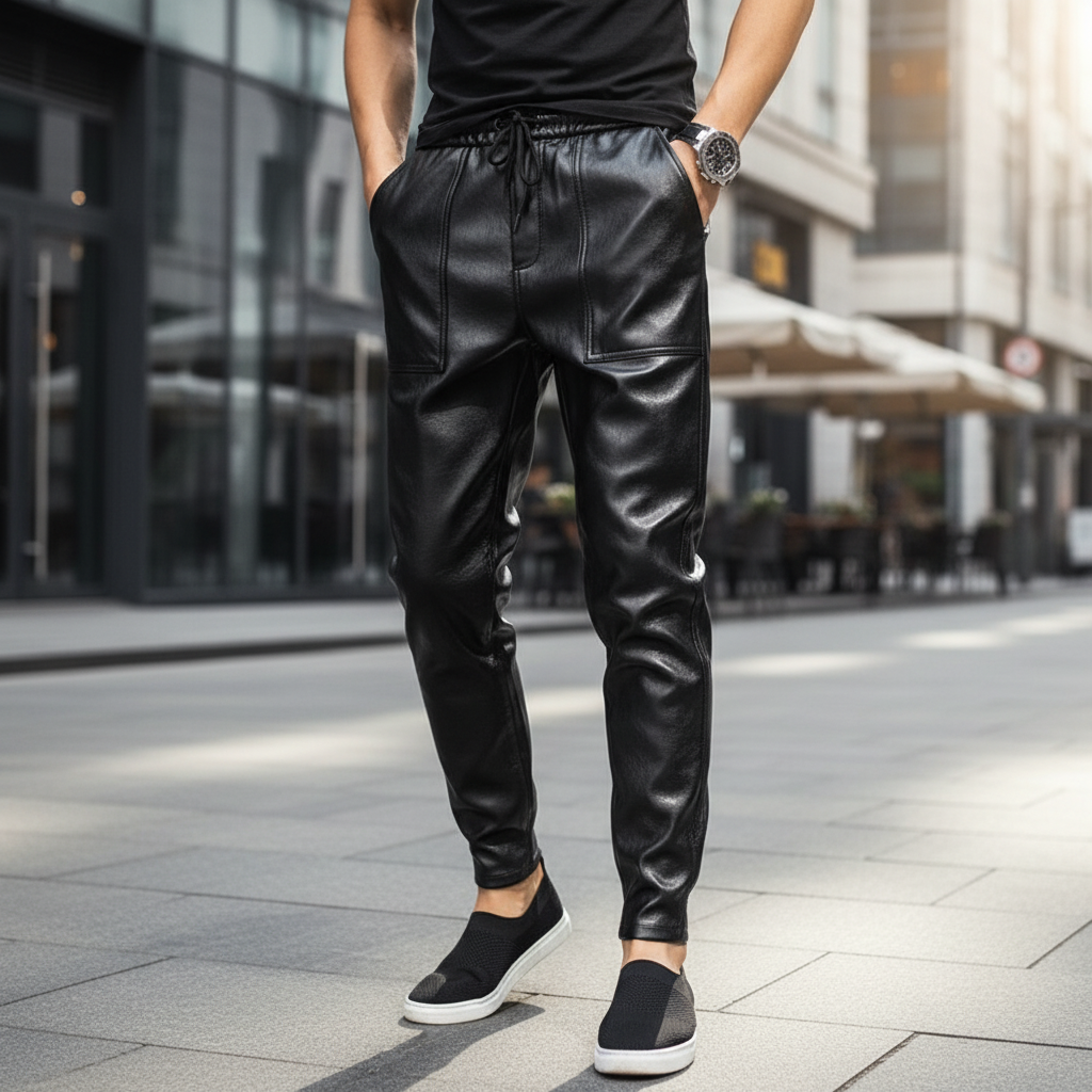 Męskie Spodnie z Sztucznej Skóry – Dopasowane Spodnie z Troczkami do Smart Casual